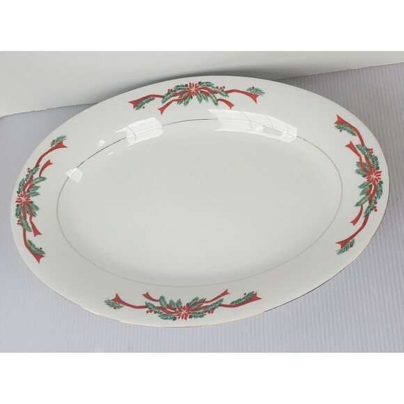 Vintage Tienshan Oval Platter Fine China Poinsettia & Ribbon Christmas 14" Plate - Picture 2 of 8